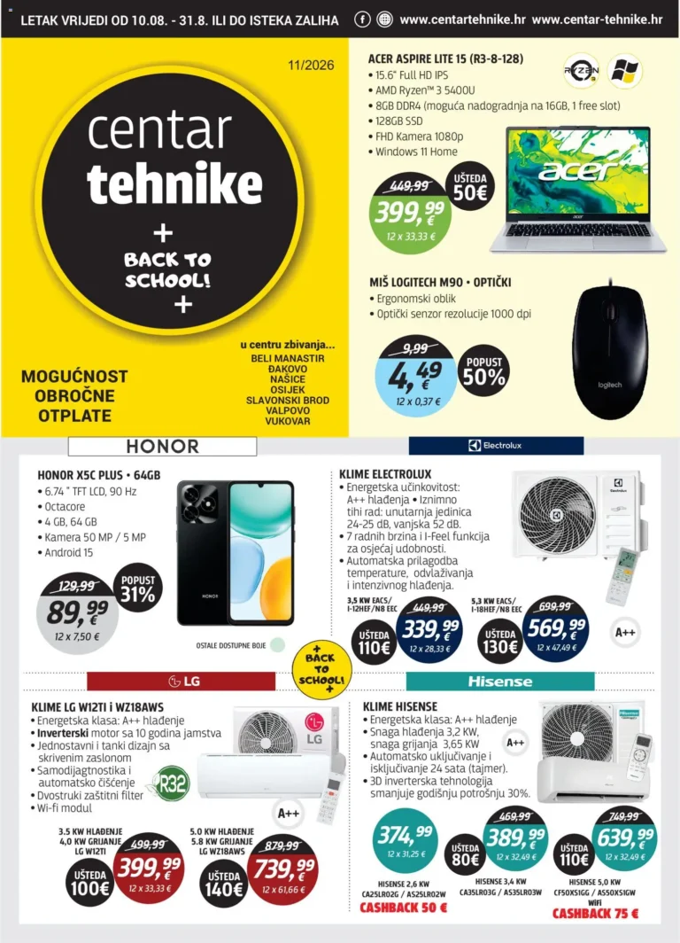Centar Tehnike katalog akcija strana 1 – vrijedi od 10.8. do 31.8.2026.