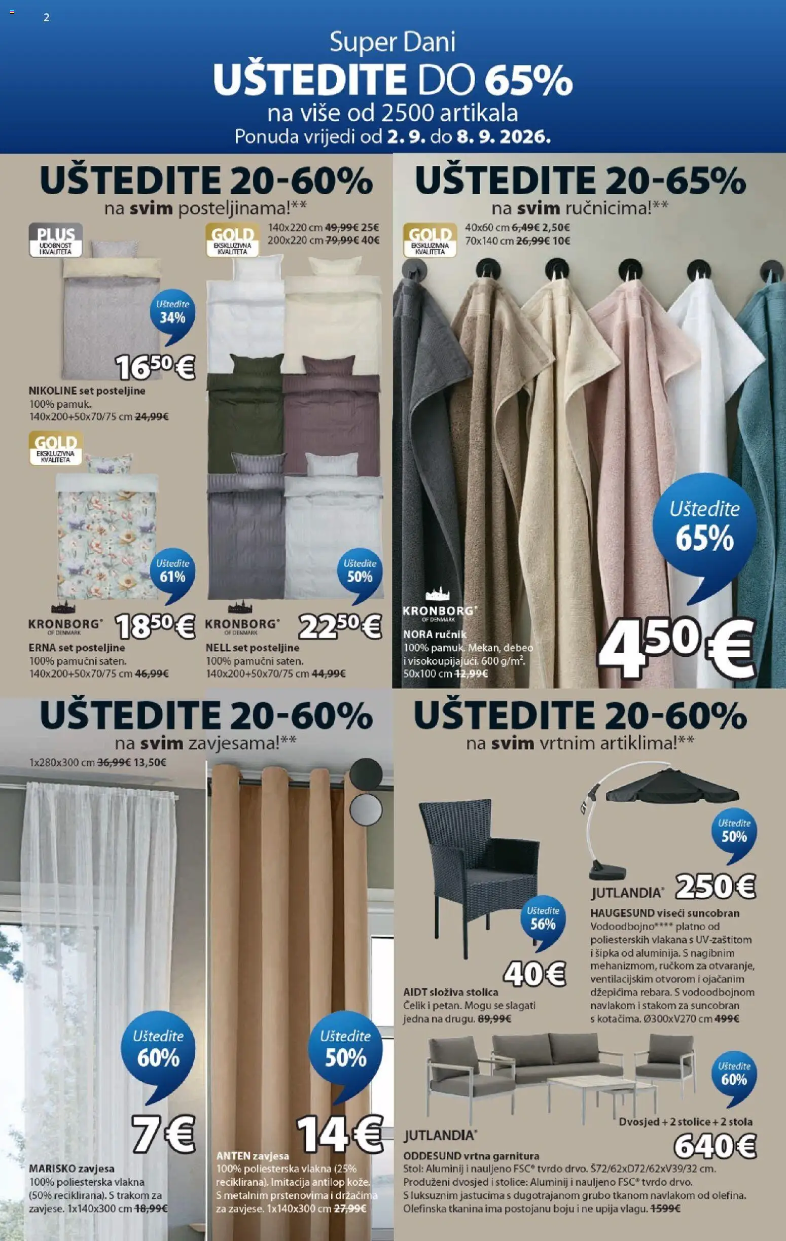 JYSK katalog akcija strana 2 – vrijedi od 2.9. do 8.9.2026.